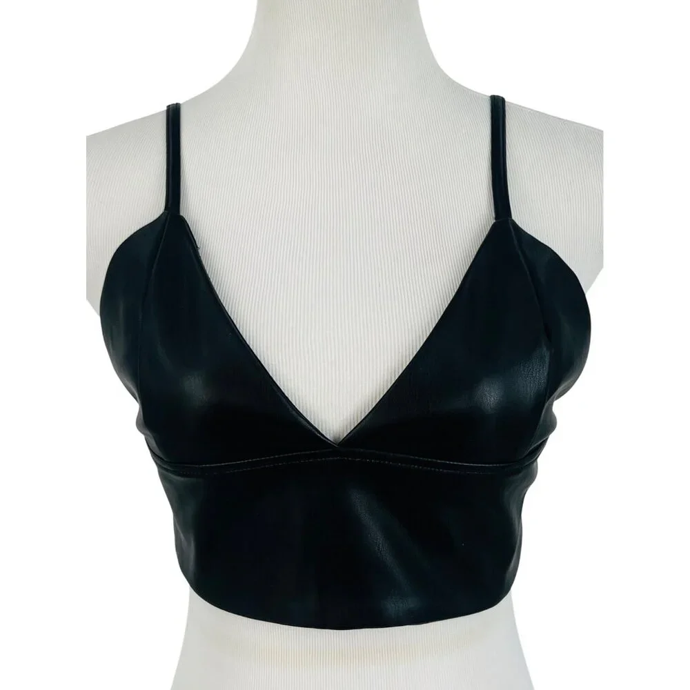 NWOT Shoedazzle Black Soft Vegan Leather Edgy V-Neck Sexy Club Rave EDM Crop Top - Picture 11 of 16